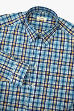 프리미엄 블루 &amp; 옐로 마드라스 체크 셔츠